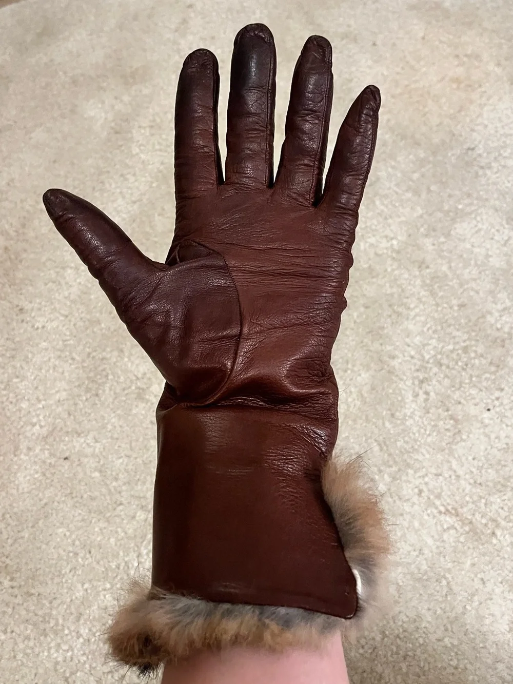 Vintage Brown Leather Gloves with Fur Trim - Women